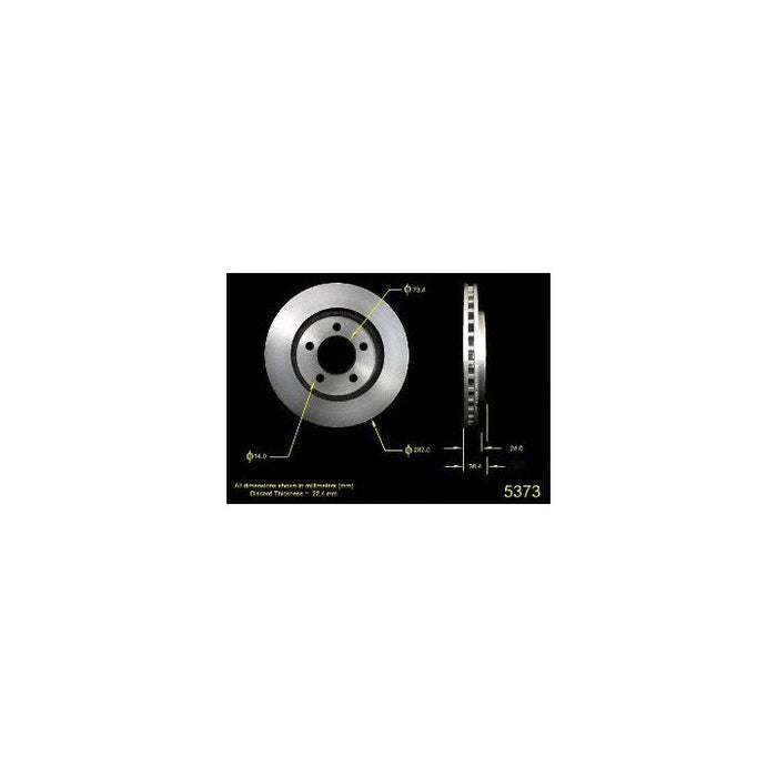 Front and side view of the 5373 Pro-Series OE Brake Rotor with measurements of various dimensions noted in yellow text.