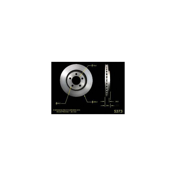 Front and side view of the 5373 Pro-Series OE Brake Rotor with measurements of various dimensions noted in yellow text.