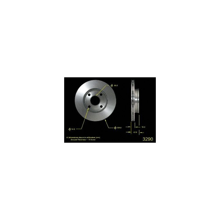 Diagram of the 3290 Pro-Series OE Brake Rotor with measurements in millimeters shown for various parts, including diameter and thickness.