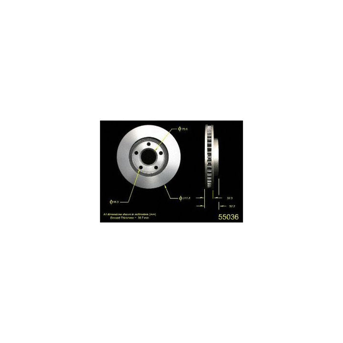 Diagram of the 55036 Pro-Series OE Brake Rotor with dimensions highlighted on a black background.