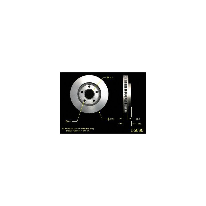 Diagram of the 55036 Pro-Series OE Brake Rotor with dimensions highlighted on a black background.