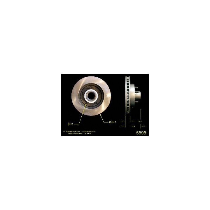 Side and front view of the 5595 Pro-Series OE Brake Rotor with labeled measurements and specifications on a black background.