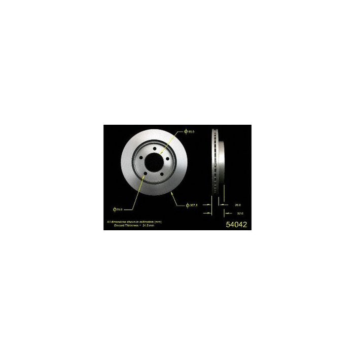 Diagram of the 54042 Pro-Series OE Brake Rotor with measurements for diameter, thickness, and other specifications on a black background.