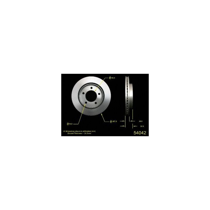 Diagram of the 54042 Pro-Series OE Brake Rotor with measurements for diameter, thickness, and other specifications on a black background.