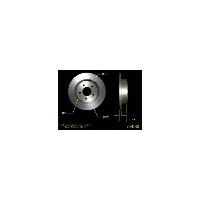 A diagram depicting the 54032 Pro-Series OE Brake Rotor with detailed measurements and specifications set against a black background.