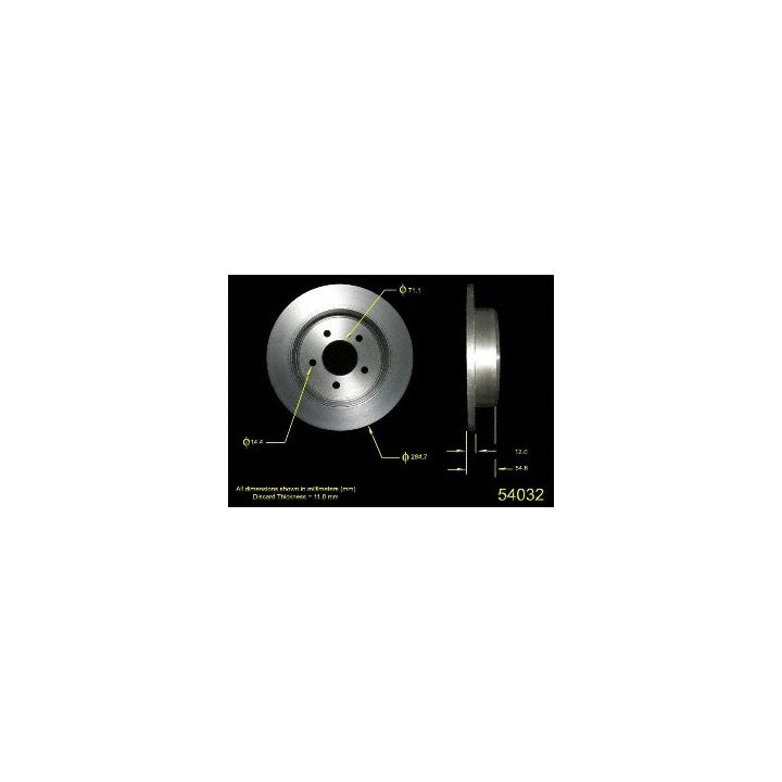 A diagram depicting the 54032 Pro-Series OE Brake Rotor with detailed measurements and specifications set against a black background.