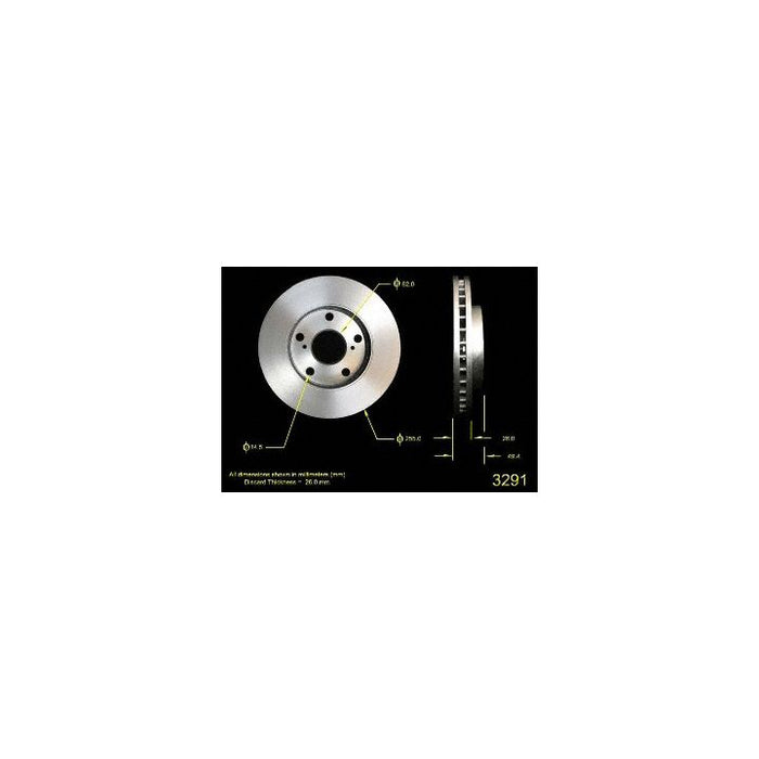 Diagram of a 3291 Pro-Series OE Brake Rotor with dimensions labeled, showing front and side views, with the part number prominently displayed in the corner.