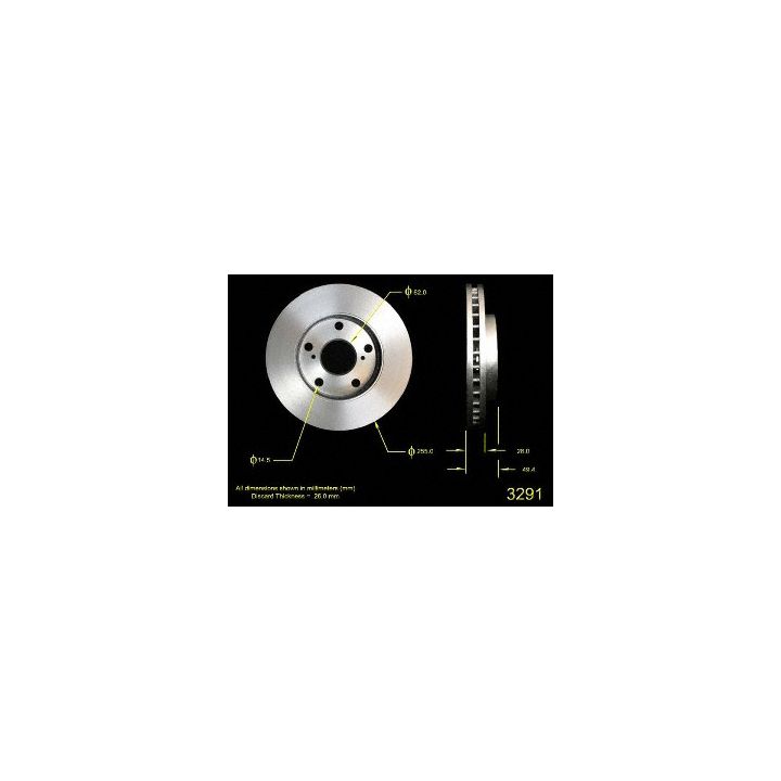 Diagram of a 3291 Pro-Series OE Brake Rotor with dimensions labeled, showing front and side views, with the part number prominently displayed in the corner.