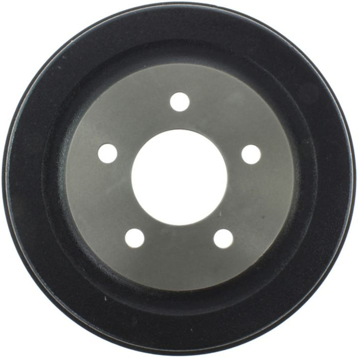 A close-up of the 80021 Pro-Series OE Brake Drum in black and gray with five bolt holes.