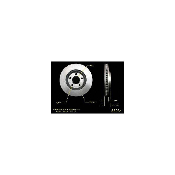 Image of the 55034 Pro-Series OE Brake Rotor with labeled dimensions and specifications in yellow text on a black background.