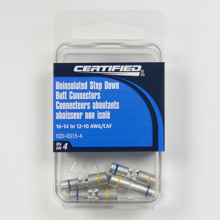 USDB16-10 Certified 16-14 to 12-10 AWG Uninsulated Step Down Butt Connector, 4-pk