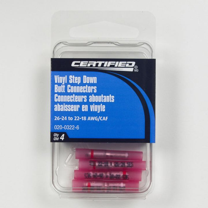 SDB26-18 Certified 26-24 to 22-18 AWG Vinyl Step Down Butt Connector, 4-pk
