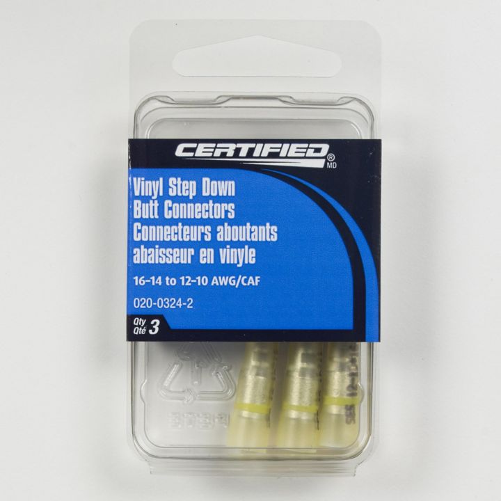 SDB16-10 Certified 16-14 to 12-10 AWG Vinyl Step Down Butt Connector, 3-pk