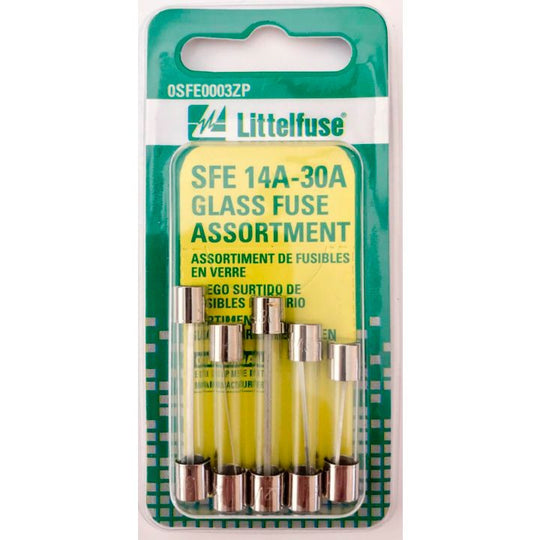 0201588 Littelfuse SFE 14A-30A Glass Fuse Assortment, 5-pk