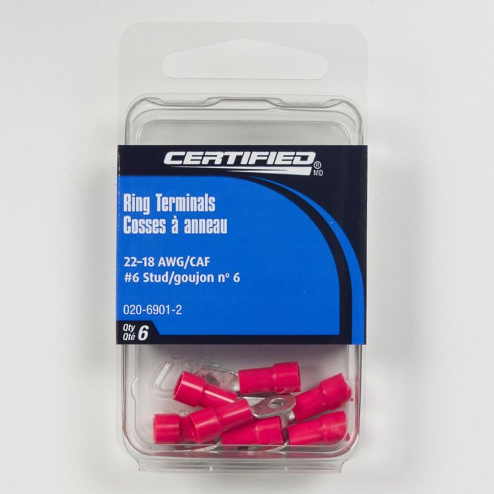B3651-144 Certified 22-18 AWG Automotive Ring Terminal, #6 Stud, 6-pk