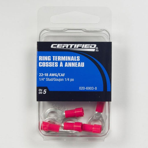 B3677-14 Certified 22-18 AWG Automotive Ring Terminal, 1/4-in, 5-pk