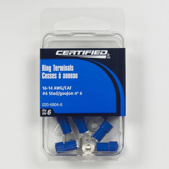 93-6904 Certified 16-14 AWG Automotive Ring Terminal, #6 Stud, 6-pk