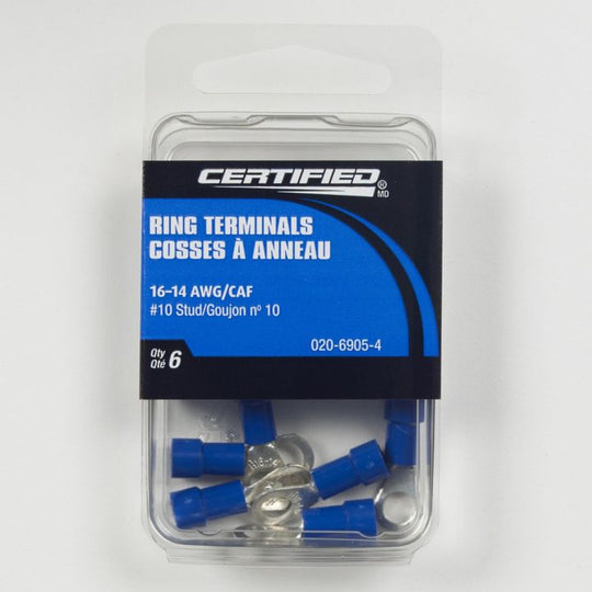 B3653-196 Certified 16-14 AWG Automotive Ring Terminal, #10 Stud, 6-pk