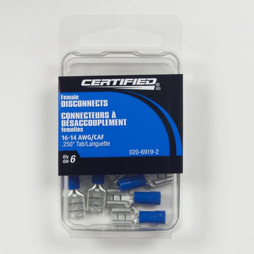 B3673 Certified 16-14 AWG Automotive Female Quick Disconnect, .250-in, 6-pk