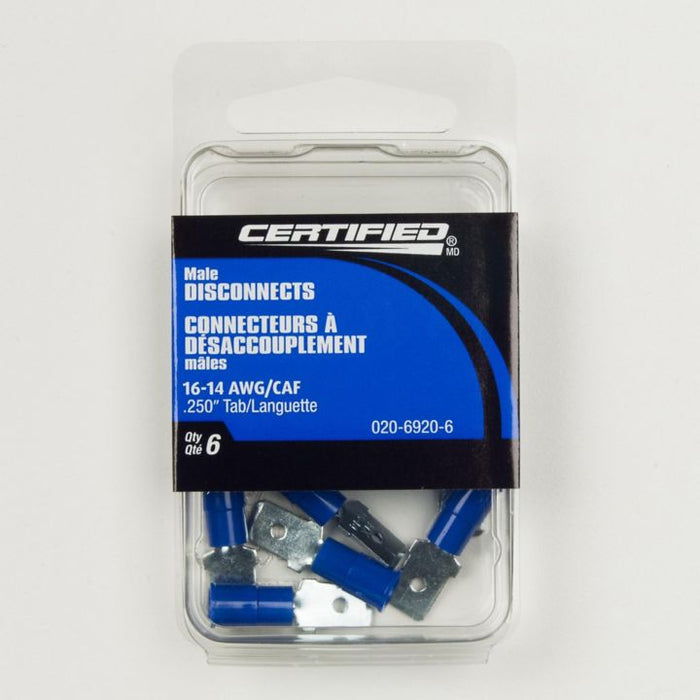 B3672 Certified 16-14 AWG Automotive Male Quick Disconnect, .250-in, 6-pk