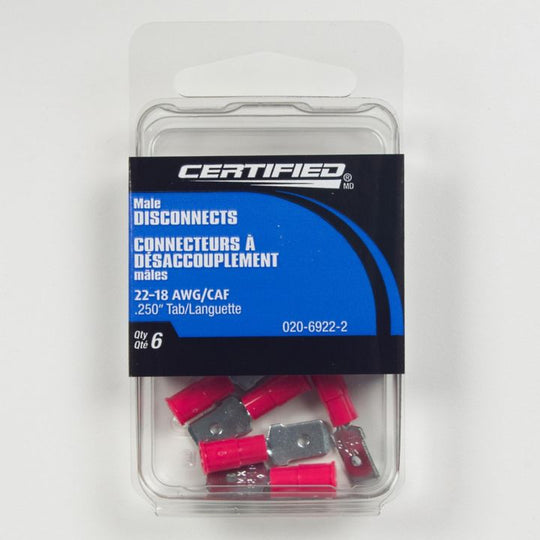 CA1563QM Certified 22-18 AWG Automotive Male Quick Disconnect, .250-in, 6-pk