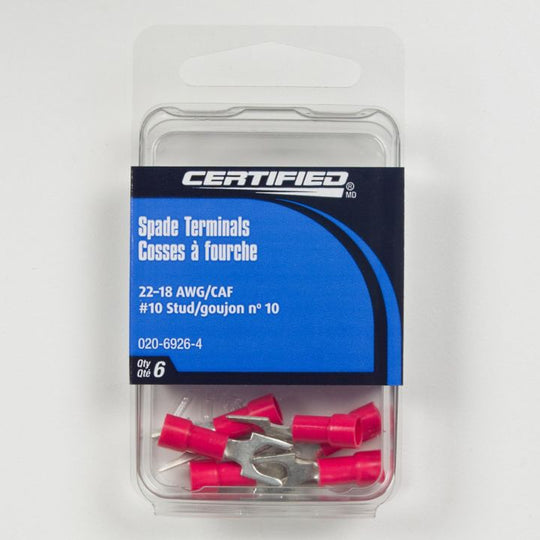 A1543F Certified 22-18 AWG Automotive Spade Terminal, #10 Stud, 6-pk