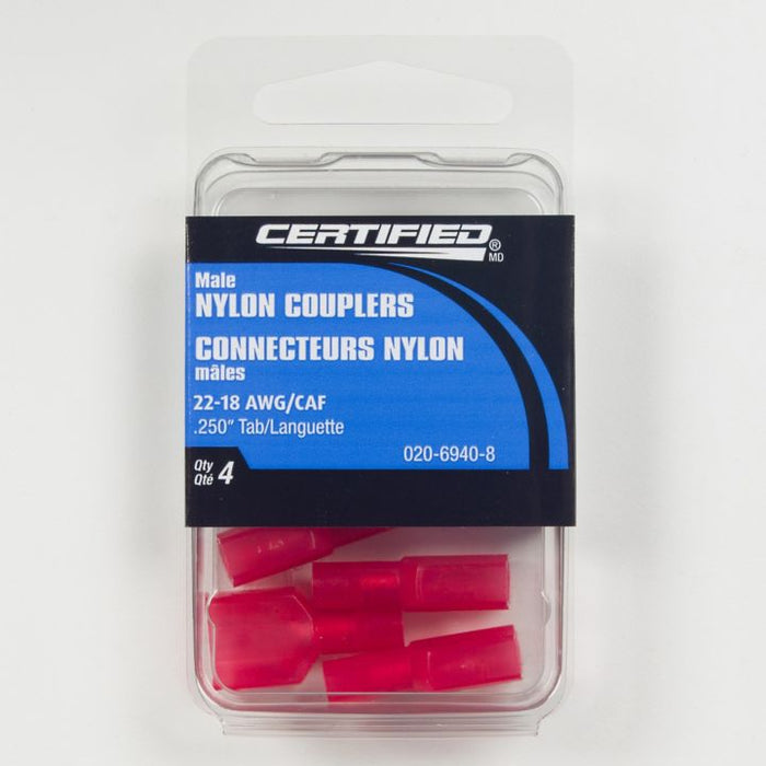 B3670NC Certified 22-18 AWG Nylon Fully Insulated Male Quick Disconnect, 1/4-in, 4-pk
