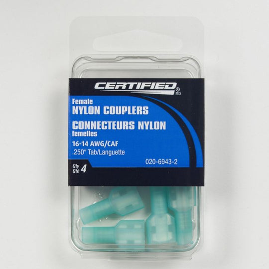 93-6943 Certified 16-14 AWG Nylon Fully Insulated Female Quick Disconnect, .250-in, 4-pk