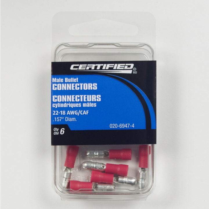 B3876 Certified 22-18 AWG Automotive Male Bullet Connector, .157-in, 6-pk