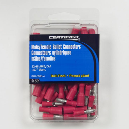 IRBM/F-157 Certified 22-18 AWG Male/Female Bullet Connector, Bulk Pack, .157-in, 50-pk