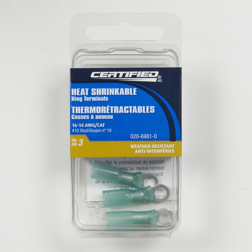 Certified Heat Shrinkable Ring Terminals, 3-pk