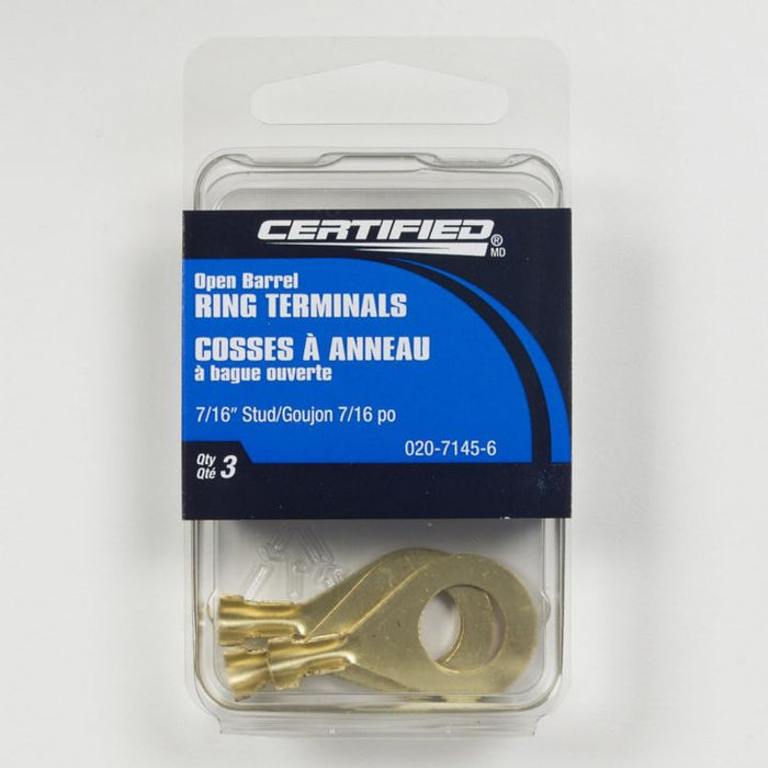 U-705 Certified Open Barrel Ring Terminal, 7/16-in, 3-pk