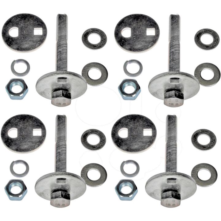 AK81300 ProSeries OE+ Alignment Kit components, including various nuts, bolts, washers, and metal plates, are arranged symmetrically on a white background.