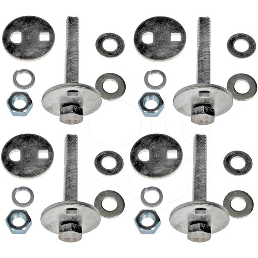 Four sets from the AK851580 ProSeries OE+ Alignment Kit, each including bolts, nuts, washers, and rectangular plates, are arranged in a symmetric grid pattern against a white background.