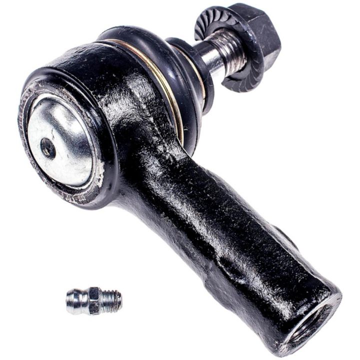 Close-up of a TO60182XL ProSeries OE+ Tie Rod End in black, accompanied by a grease fitting screw, isolated on a white background.