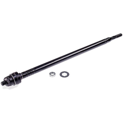 A black metal axle shaft from the TI59085 ProSeries OE+ Tie Rods set, accompanied by a washer and nut placed beside it.