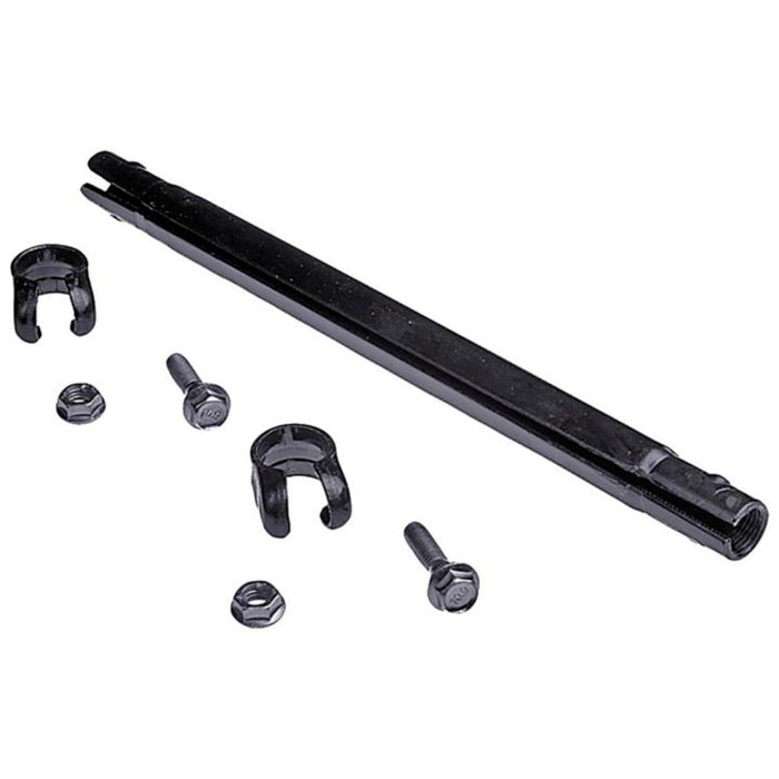 A set of S3311 ProSeries OE+ Tie Rod Adjusting Sleeves, featuring black automotive car leaf spring mounting hardware, bolts, nuts, and U-clamps.