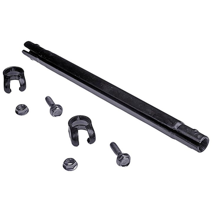 A set of S3311 ProSeries OE+ Tie Rod Adjusting Sleeves, featuring black automotive car leaf spring mounting hardware, bolts, nuts, and U-clamps.