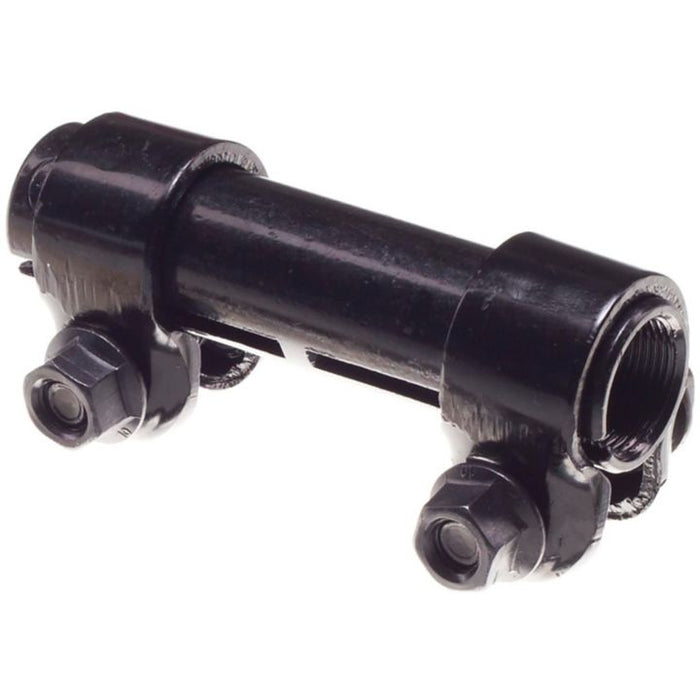 Close-up of the S362 ProSeries OE+ Tie Rod Adjusting Sleeves, a black metal connector featuring two bolts, used for joining pipes in plumbing or mechanical systems.