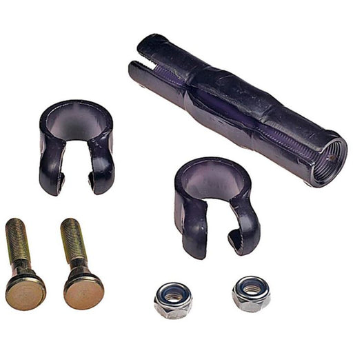 A set of S2079 ProSeries OE+ Tie Rod Adjusting Sleeves, featuring a tie rod sleeve, two clamps, two nuts, and two bolts on a white background.