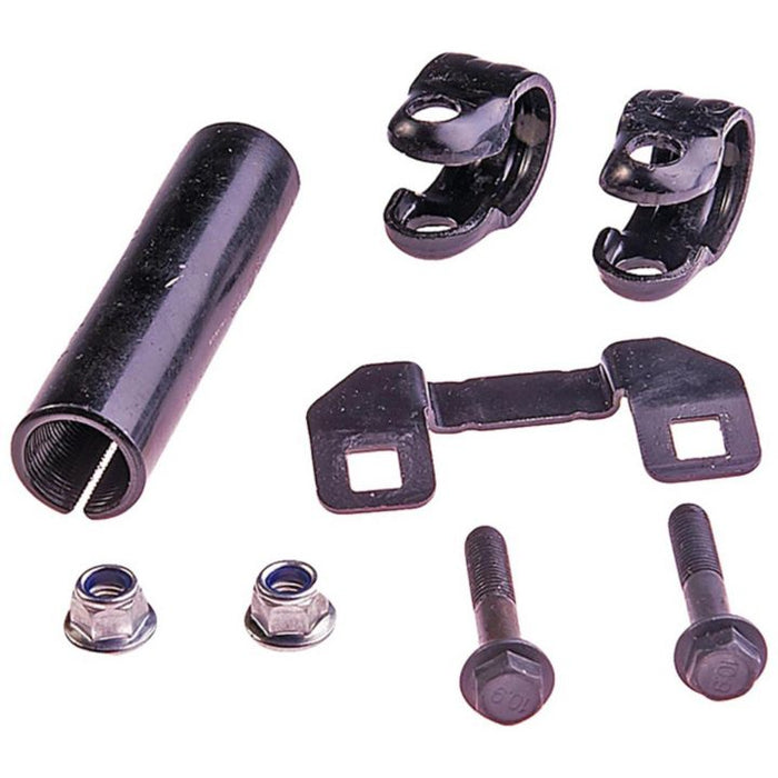 The S3420 ProSeries OE+ Tie Rod Adjusting Sleeves, featuring assorted black metal hardware including a tube, clamps, bracket, bolts, and nuts, are arranged on a white background.