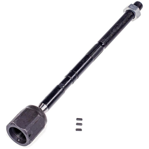 Close-up of an IS117 ProSeries OE+ Tie Rod featuring a black threaded rod and hexagonal fitting, accompanied by three small cylindrical pins.