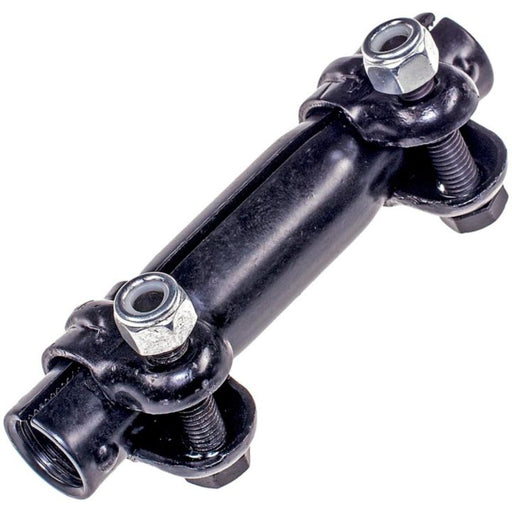 The S2369 ProSeries OE+ Tie Rod Adjusting Sleeves, a black metal universal joint coupling with bolts and nuts at both ends, are used in mechanical applications.