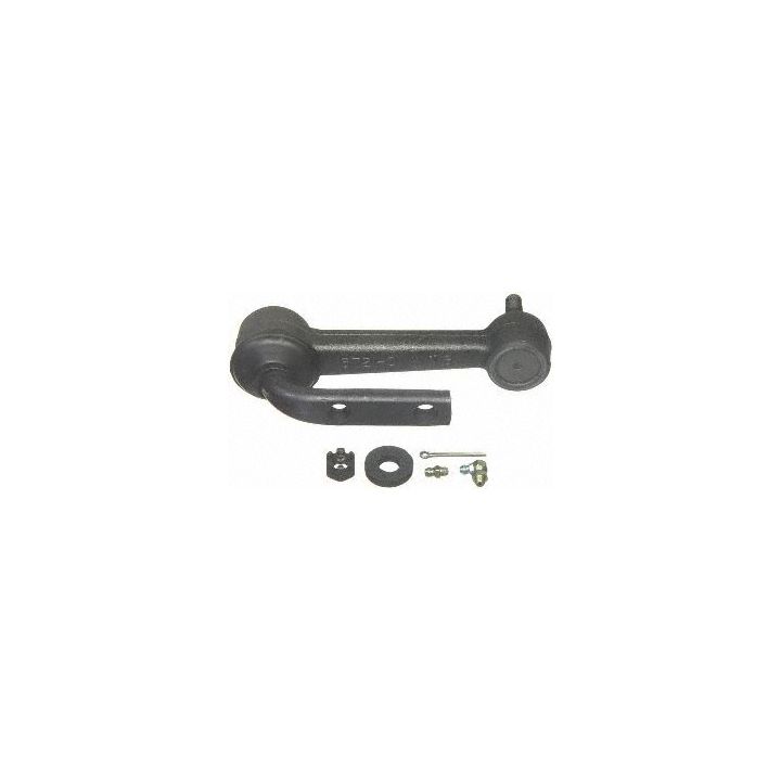 IA6365XL ProSeries OE+ Idler and Pitman Arms in black, featuring a mechanical arm component and associated small parts such as a bolt, washer, and nut, isolated on a white background.