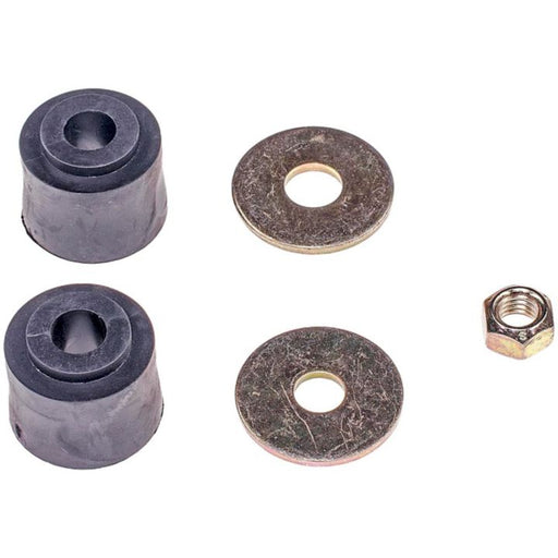 Two black rubber bushings, two metal washers, and one nut from the RK8434 ProSeries OE+ Stabilizer Links on a white background.