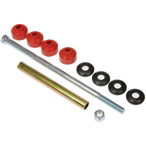 Set of SK7275 ProSeries OE+ Stabilizer Links hardware components including bolts, nuts, washers, and red bushings arranged on a white background.
