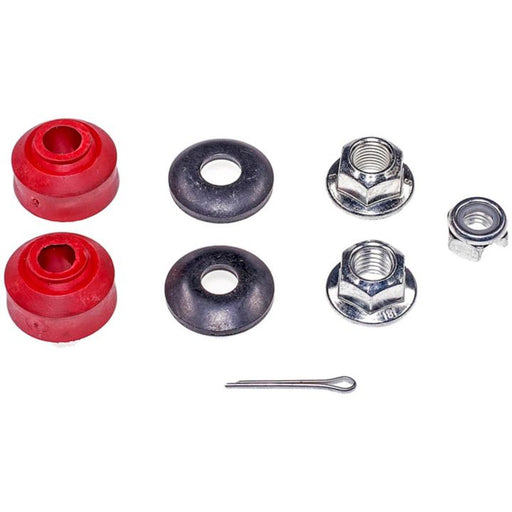 Assorted metal components including nuts, washers, red bushings, and a cotter pin from the RK7300 ProSeries OE+ Stabilizer Links arranged on a white background.