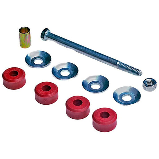 The components of the SK7305 ProSeries OE+ Stabilizer Links, including a metal bolt, nut, cylindrical sleeve, washers, and six red rubber bushings, are laid out against a white background.