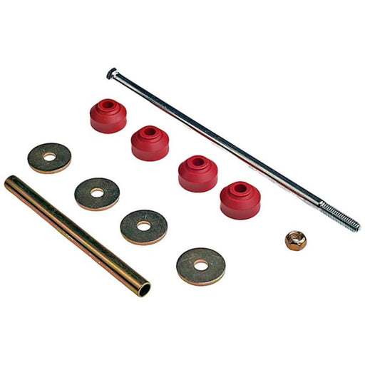 Assorted hardware pieces from the SK3124 ProSeries OE+ Stabilizer Links, including a metal rod, washers, nuts, and red rubber gaskets on a white background.