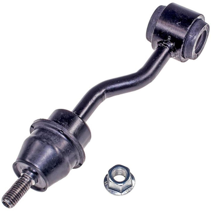Curved SK3196 ProSeries OE+ Stabilizer Links in black with a threaded end and an attached nut placed beside it.